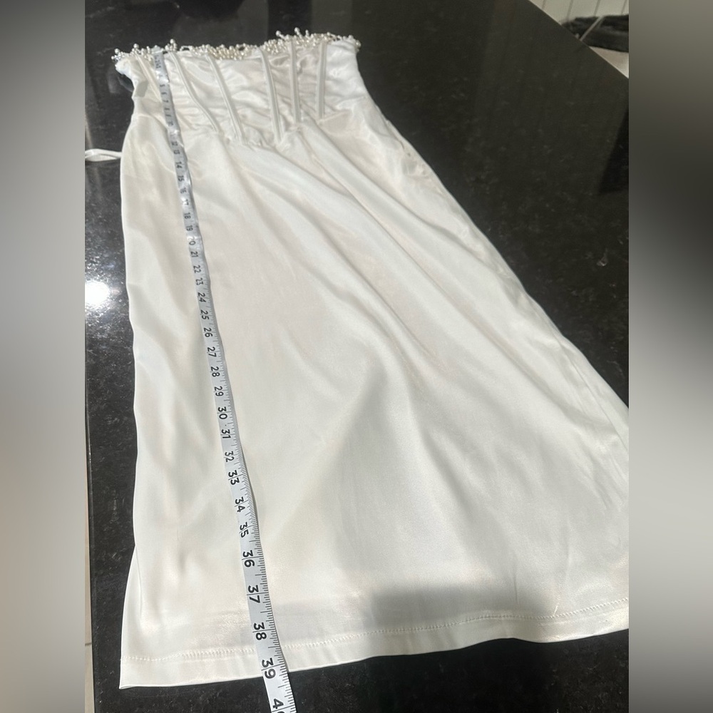 Pearl embellished strapless corset white midi dress side zip back tie sz s - Picture 7 of 10